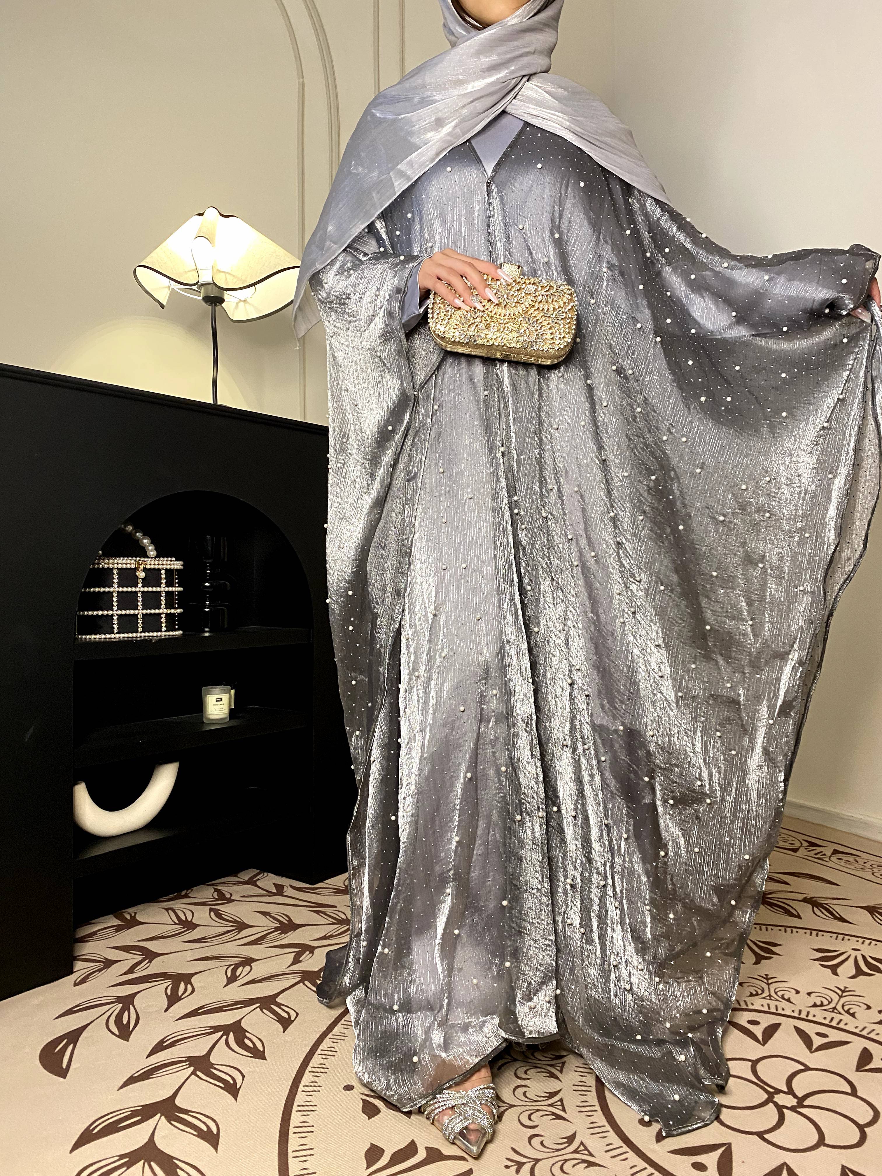 Rajat ylittävä naisten muslimivaatteet abaya yksinkertainen helmi tähtitaivas ulkohameen mekko viitta: Xl / Harmaa