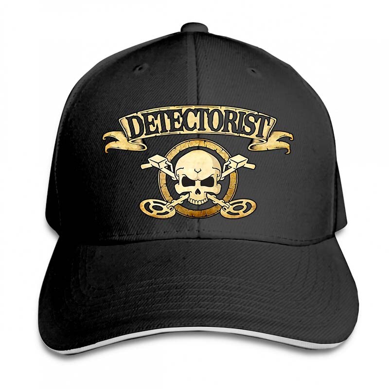 Men detectorist skull & crossbones Metal detector Treasure hunter 2 sided cotton badge Baseball cap men women Trucker Hats: 2-Black