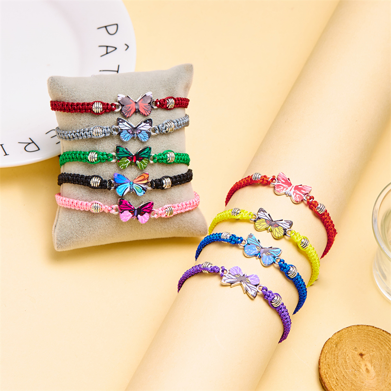Pulsera de cuerda trenzada hecha a mano para mujer, pulseras con colgante de animales y mariposas coloridas, de joyería para