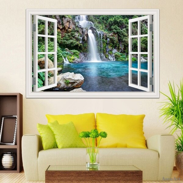 3D Mountain Fall View False Faux Window Frame Window Mural Vinyl Bedroom Wall Decals Stickers