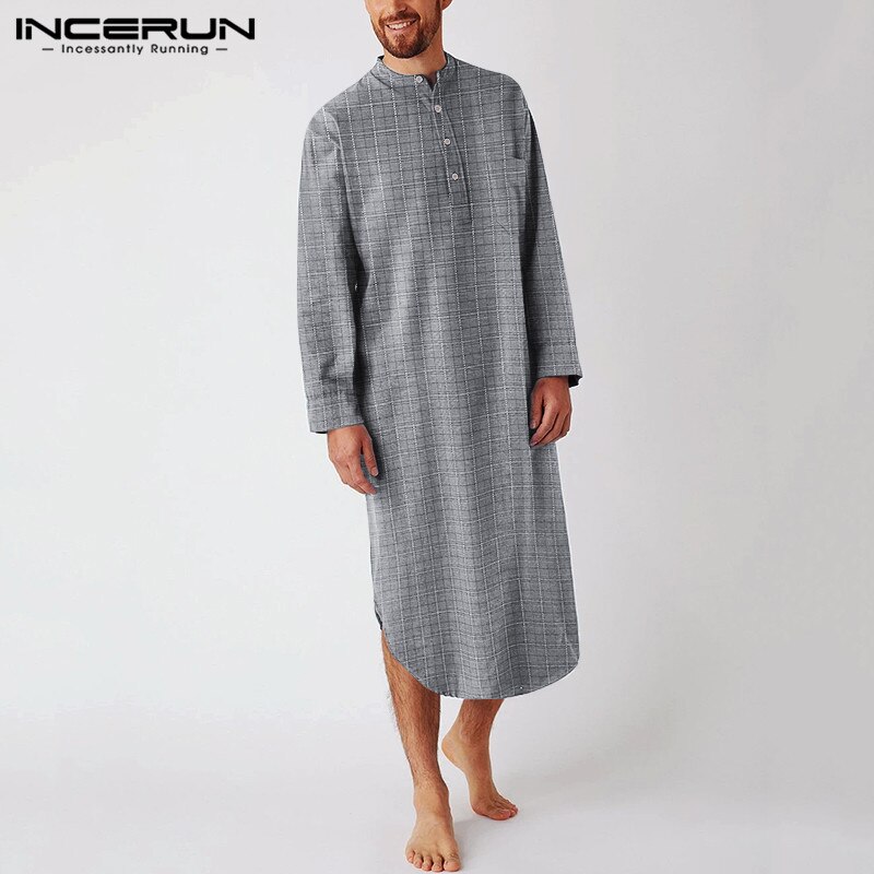 Long Sleeve Stand Collar Nightgown INCERUN Men Plaid Sleep Robes Casual Button Comfy Bathrobes Man Cotton Pockets Homewear S-5XL