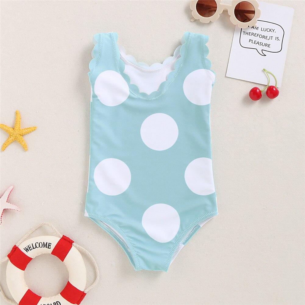 Kids Baby Girls Polka Dot Leotard One-Piece Swimwear Swimsuit Bathing Suit Lacy Big Wave Dot Double-decker: Blue / 80cm