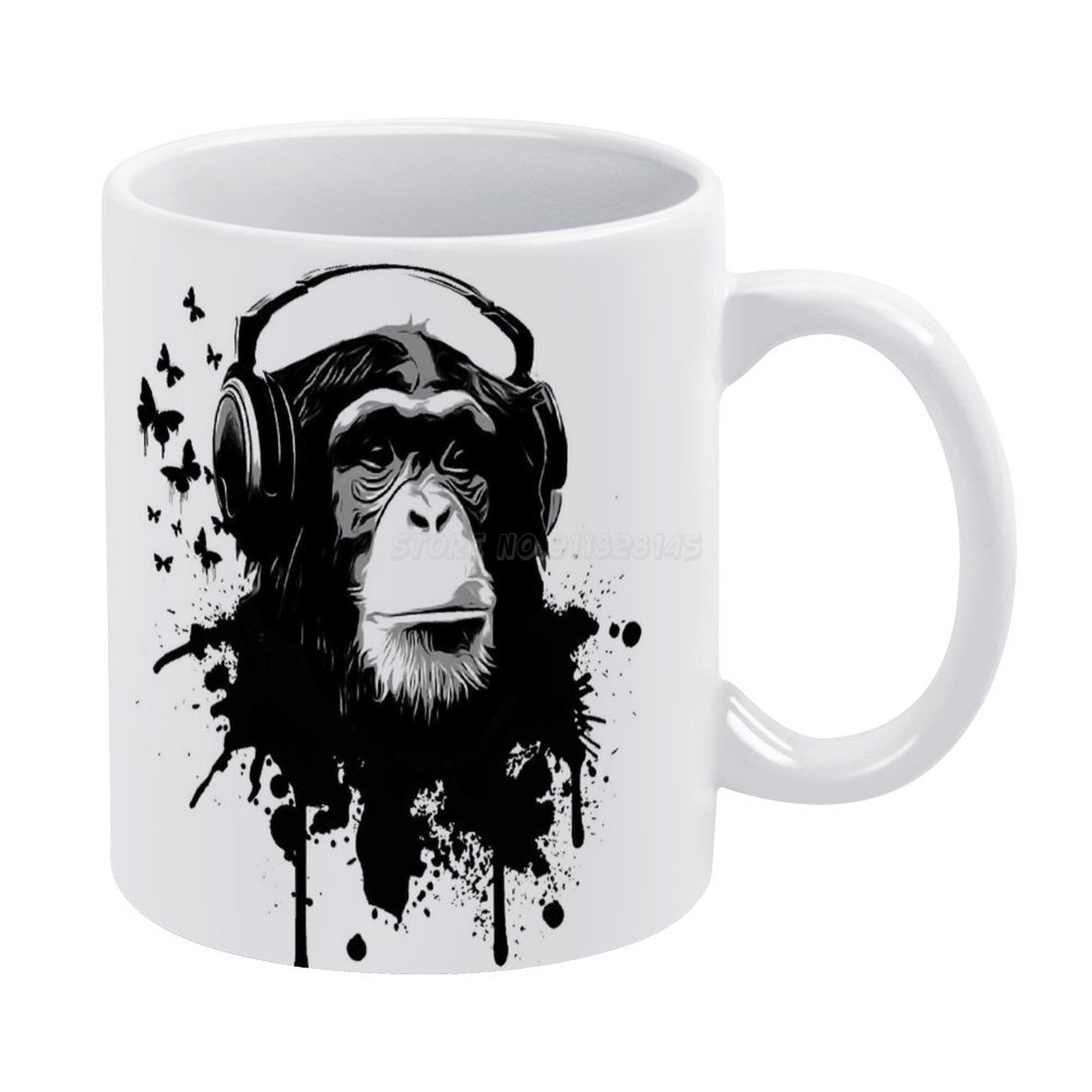Taza de cerámica blanca con auriculares para DJ, tazón de monos, Dj, King Kong, con auriculares: Default Title