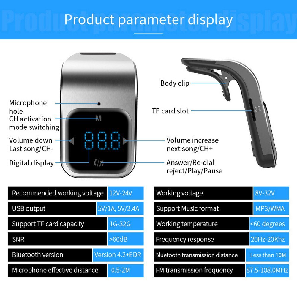 Fm-modulator, bluetooth-autoradio met  mp3 spelers, fm-zender, draadloze radioadapter, dubbele usb-uitgang, snellader, handsfree bluetooth-kit