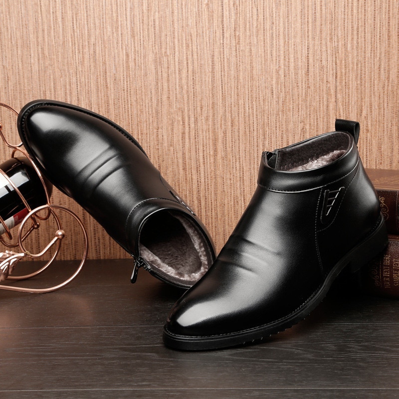Företag chelsea boots herr vinter ankel boots herr läder dragkedja sida tjock konstgjord päls snö boots herr vinter klänning skor