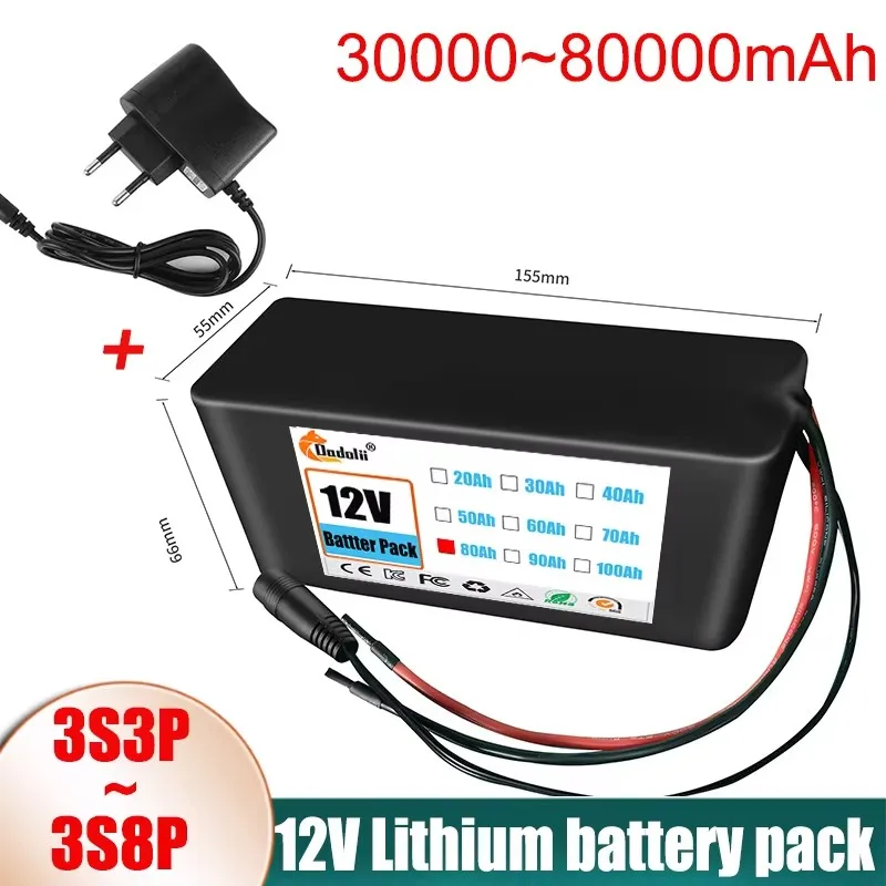 Bateria 3S3P 12V 18650 Lithium-ion 12V 30000mAh DC12.6V Bateria recarregável de ultra grande capacidade com BMS + carregador