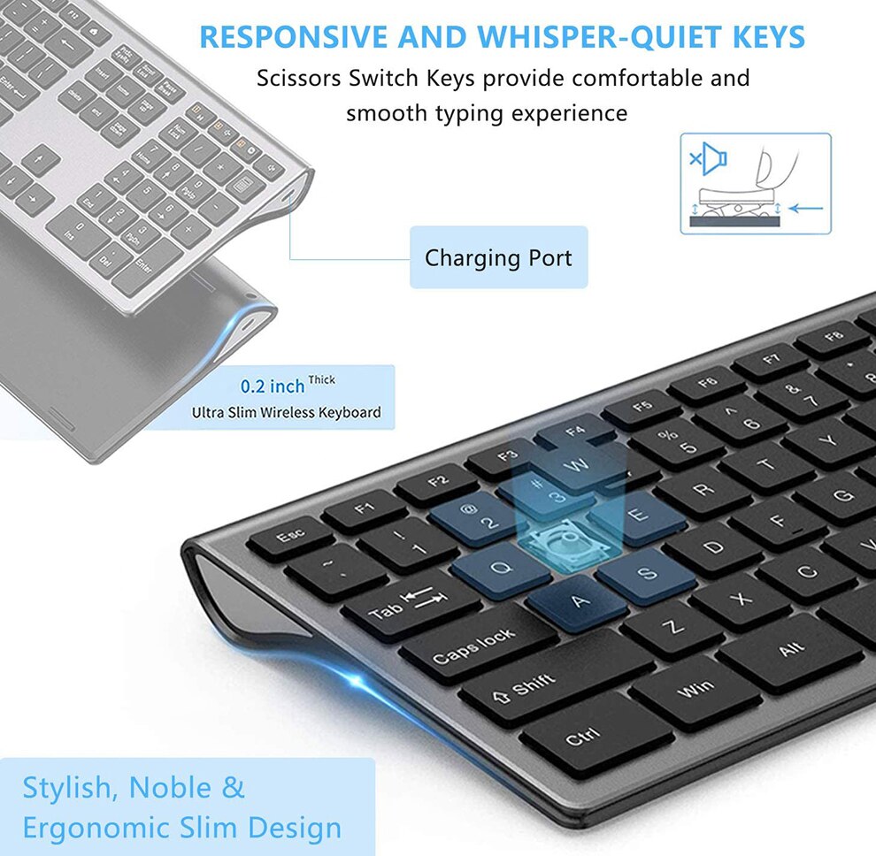 Jelly Comb Rechargeable Wireless Keyboard Ergonomic Ultra-slim 2.4G Full-Size Quiet Keyboard for Windows Computer Laptop