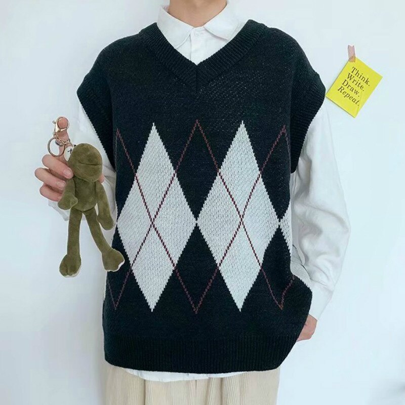 PADEGAO Sweater Vest Men Patchwork V-neck Sleeveless Sweaters Side-slit Couples Teens Vest Retro PDG1821