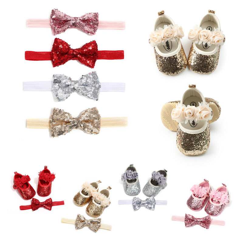Pudcoco bowknot paljetter barn bebis flicka fest första rullatorer + hårband spädbarn mjuk sula spjälsäng skor 0-18m flicka födelsedag
