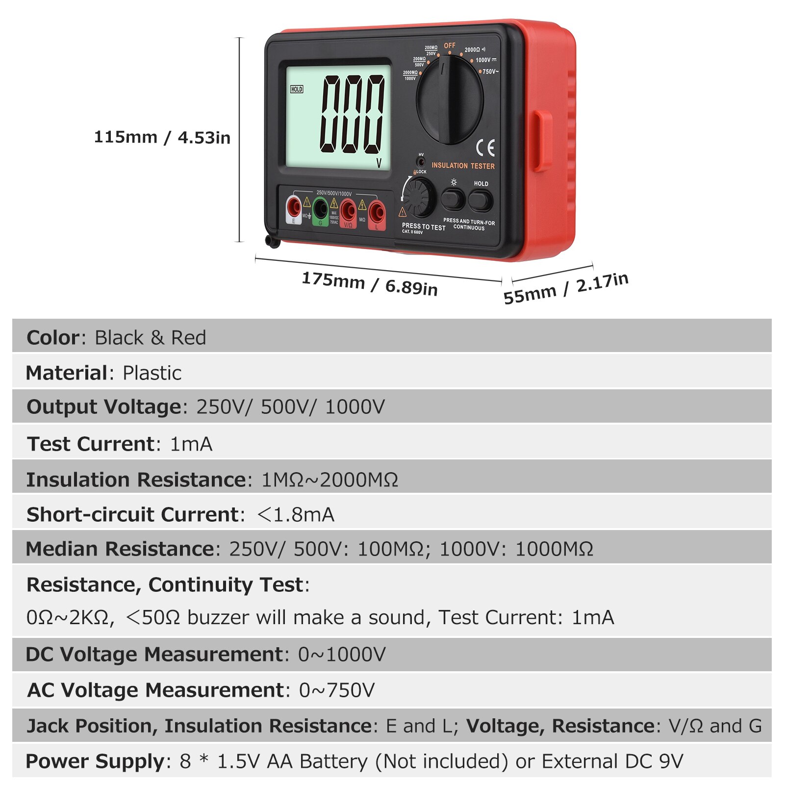 Digital Insulation Resistance Tester with LCD Display DC 250V/ 500V/ 1000V AC 750V Insulation Resistance Meter Kit