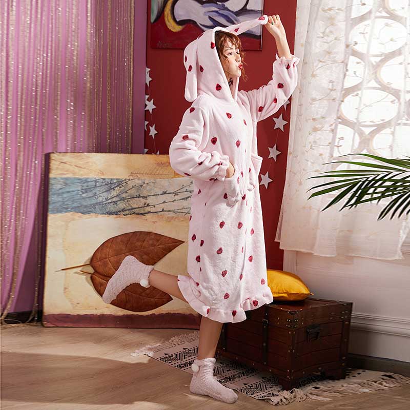 Bata con capucha y Orejas de conejo para mujer, ropa de baño con dibujos animados, para la ducha, para el hogar, atuendo nocturno: 5 / M