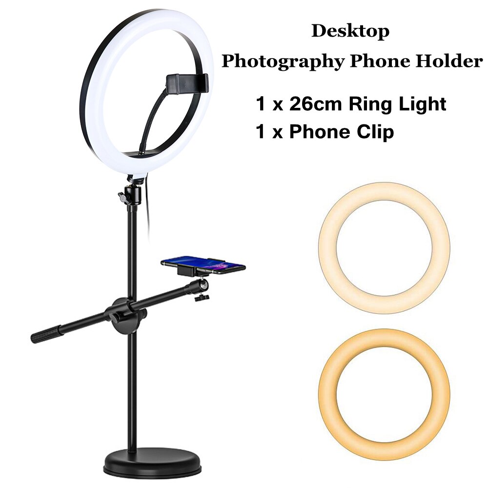 Profession desktop fotografering led ringlys med stativ stativ telefonholder ring lampe til fotostudio nail art video ringlys: 26cm ringlys