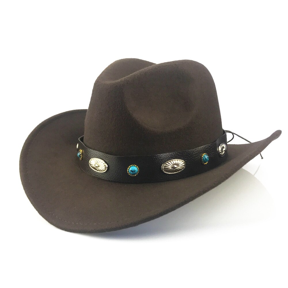 Yy retro vestlig cowboyhatt vinter med bredt metall pu lærbelte trilby caps menn kvinner rullebrett fedora jazz panama  yy20073: Brun cowboy retro
