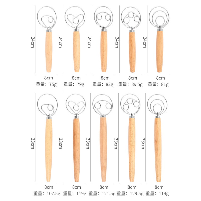 Fouet à pâte danois en acier inoxydable, style néerlandais, jxPâte à main, centre commercial, manche en bois, outils de cuisson de cuisine, mélangeur de pâte de façon spectaculaire