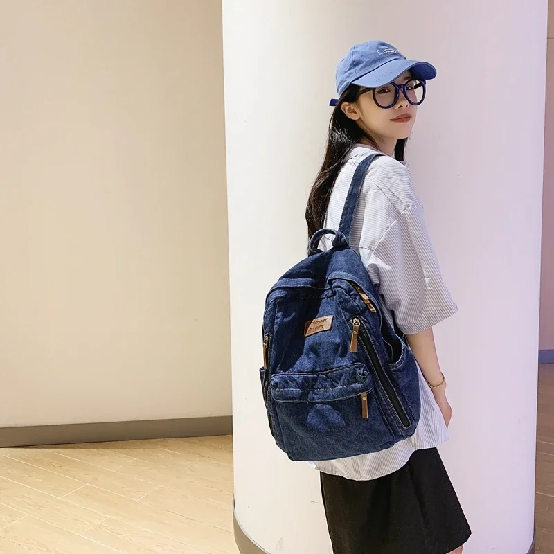 Vasket denim rygsække til kvinder nyeste trend skoletaske til studerende multi-lommer stor kapacitet blå rygsæk mochila