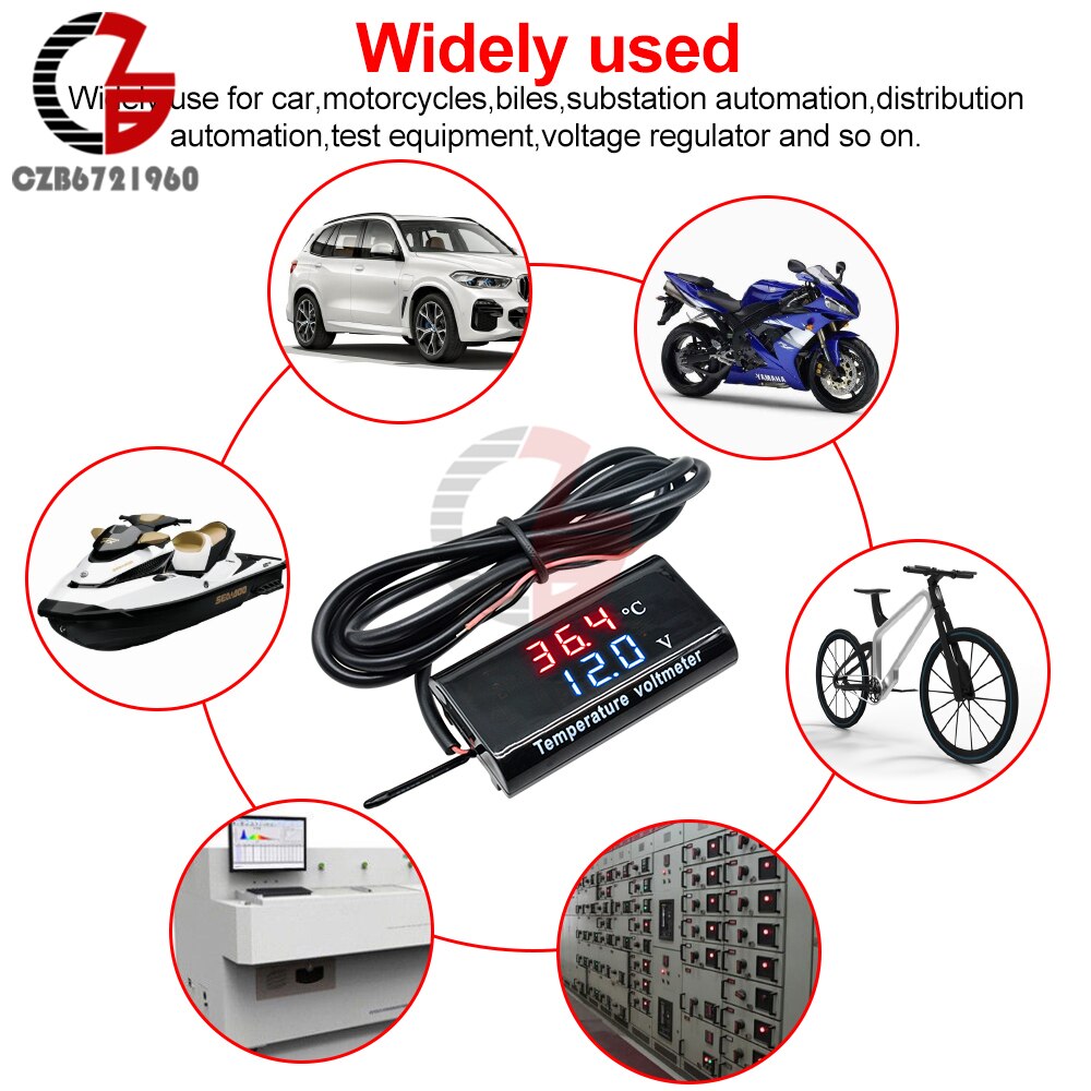 Voltímetro Digital IPX6 para motocicleta y coche, termómetro DC 8-18V 12V, probador de batería, medidor de voltaje impermeable, medidor de Sensor de temperatura