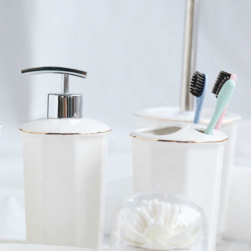Keramische Badkamer Accessoires Set Bad Douche Wassen Pak Wc Reinigingsborstel Lotion Zeepdispenser Tandenborstelhouder Zeep Lade