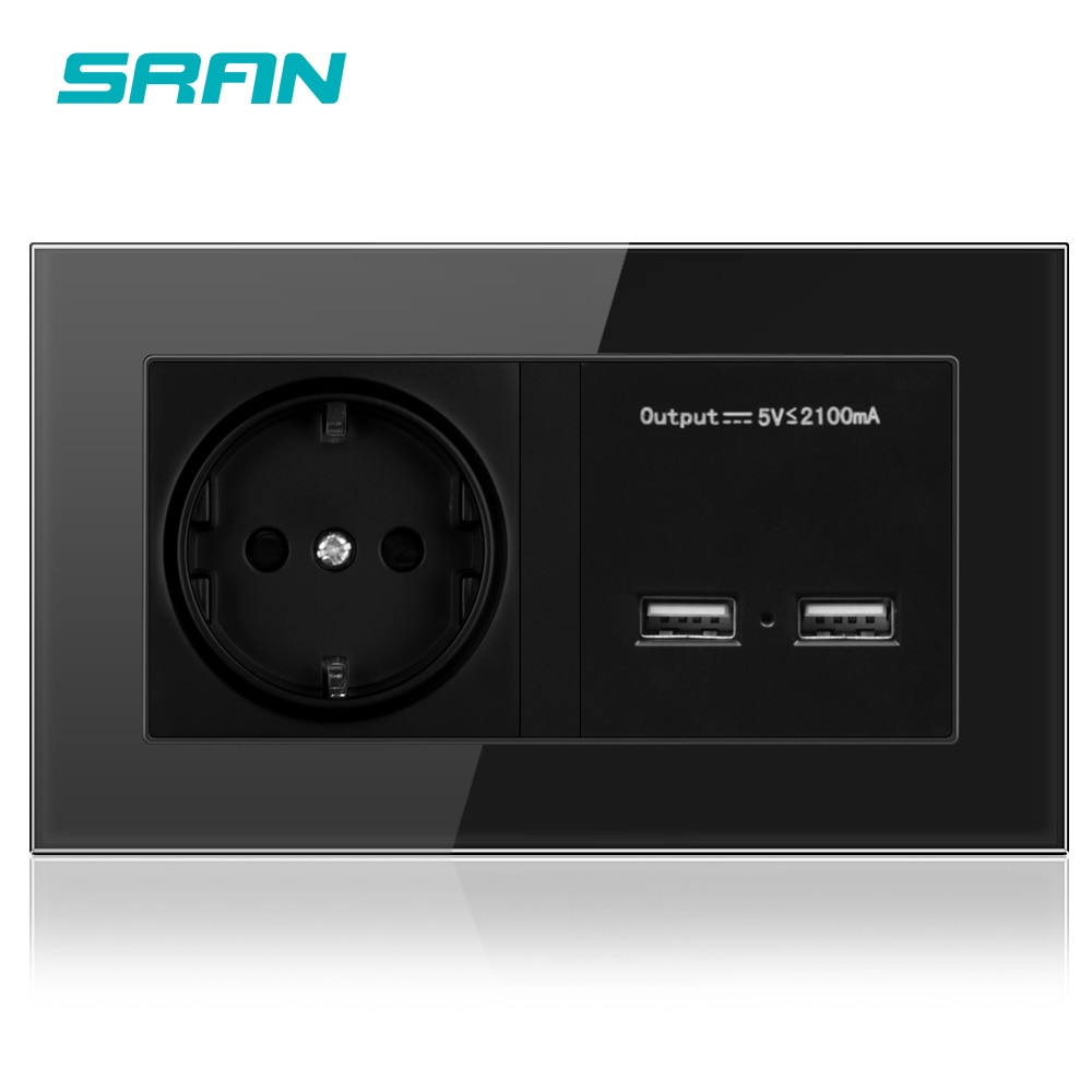 Sran Usb Quick Interface Ochre Zwarte Kleur Europese Standaard Stopcontact 146*86 Mm Huisdecoratie Socket Met Usb glas Panel