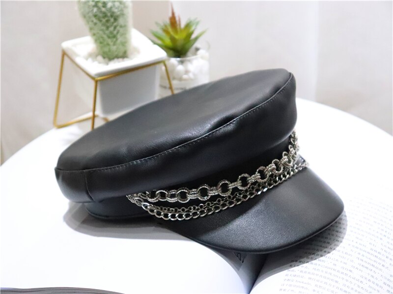 Punk Style Dark Black Chain Navy Hat Cap Female Au... – Grandado