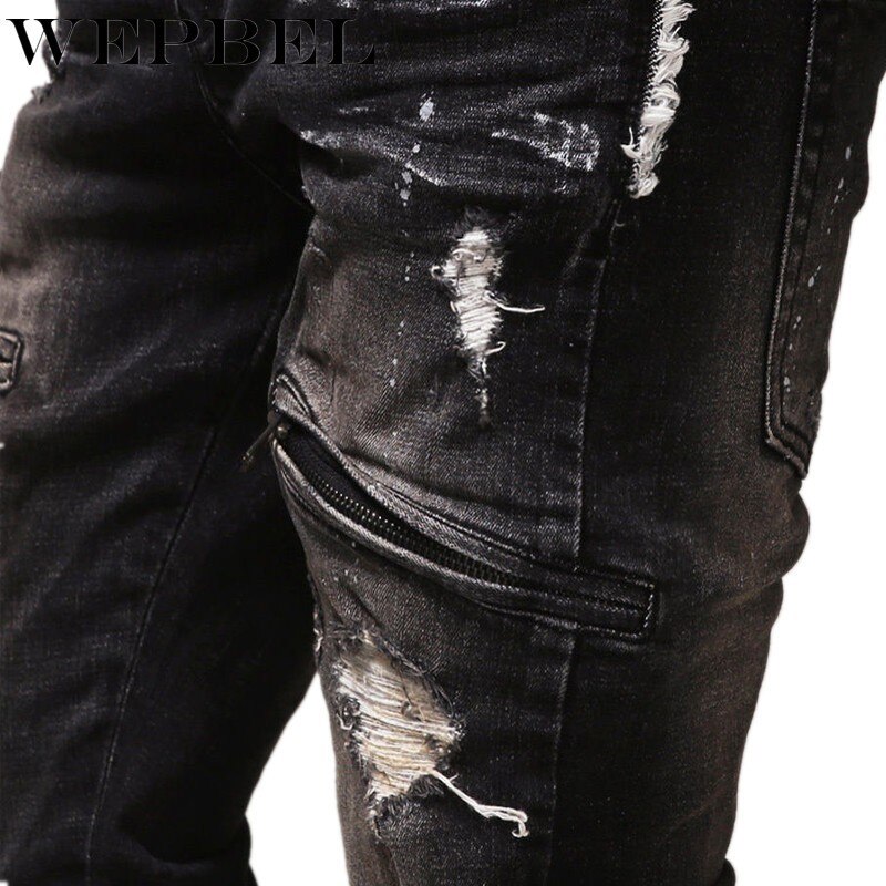WEPBEL Hip Hop Rock Moto Jeans Mens Distressed Ripped Punk Skinny Stretch Denim Biker Jeans Male Straight Black Pants Plus Size