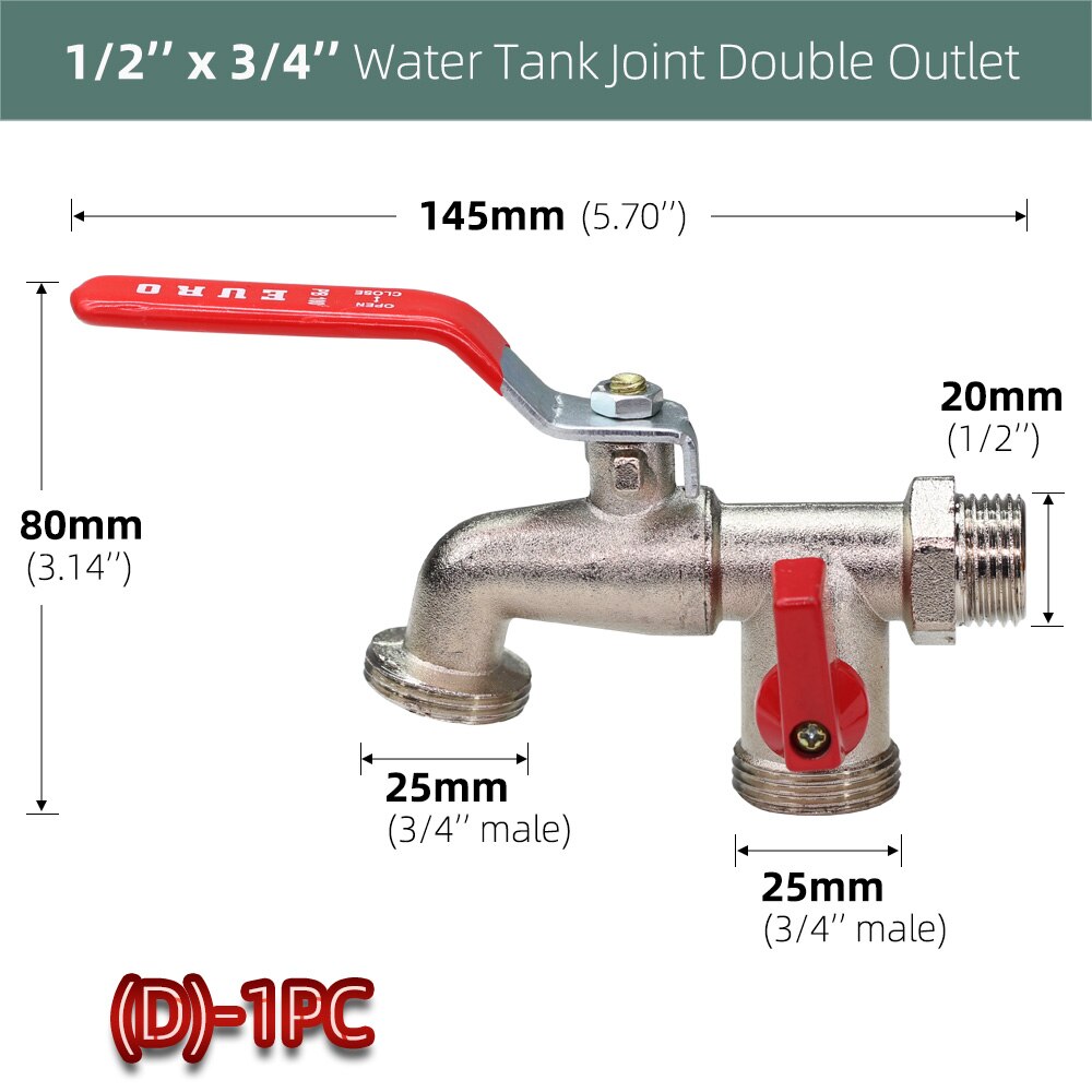 Brass Tap Joint 1/2'' IBC Water Tank Connector 2-Way 1-Way Garden Hose Irrigation Faucet Adapter Replacement Fitting Ball Valve: D-1PC