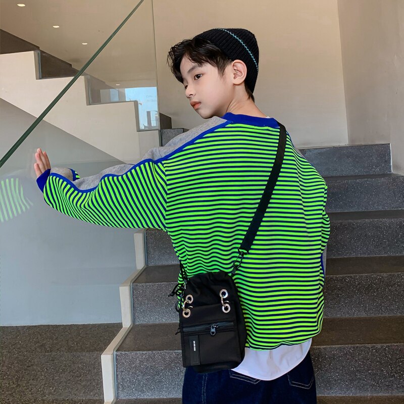Sudadera gruesa de manga larga para niño, ropa deportiva coreana con estampado a rayas, holgada, para otoño e invierno,