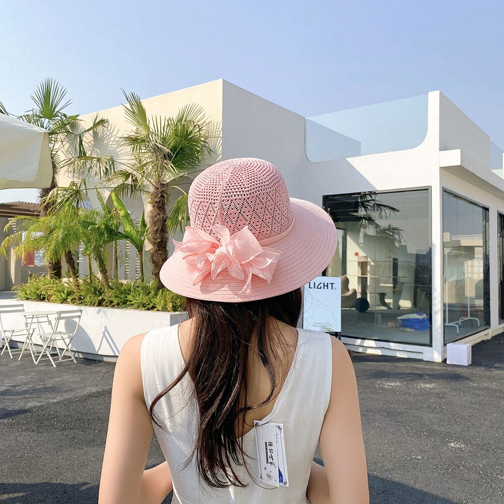Sombrero de paja con ventilación para mujer, sombrero de paja con visera para senderismo, Accesorios de playa: Rosa
