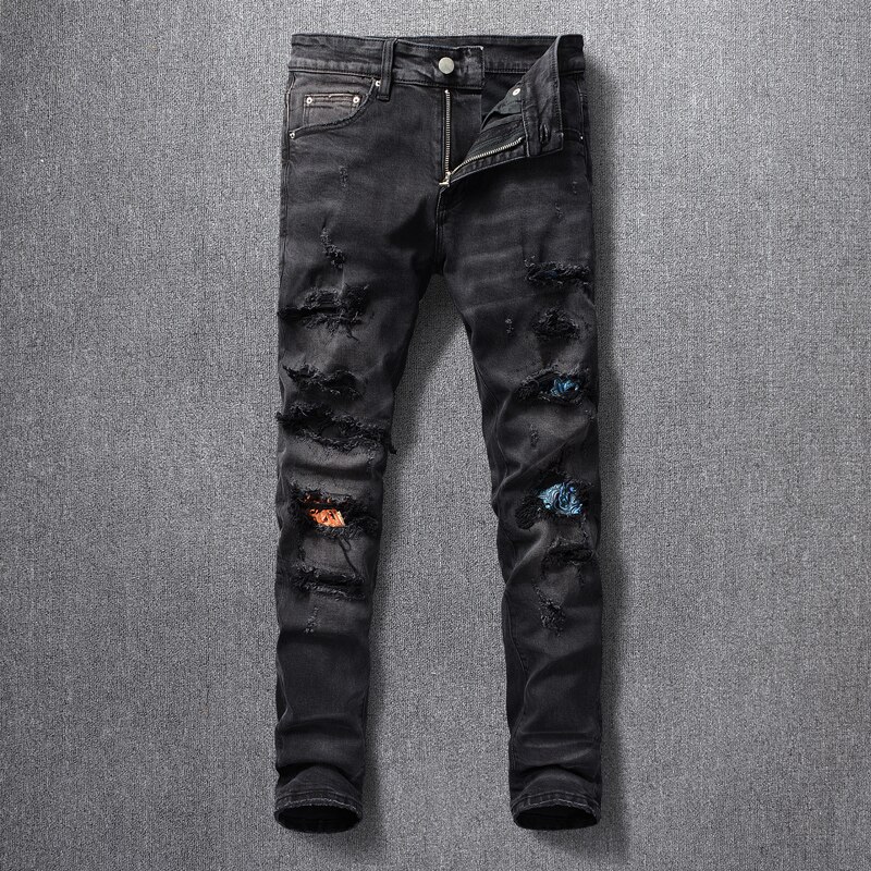 jeans da uomo alto strada la moda jeans strappati sottile in forma elasticizzati neri retrò per uomo pantaloni punk in denim anca-salto firmati patchwork: 34(Chinese Size)