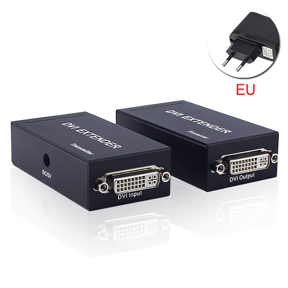 DVI Extender Adapter 60m DVI Extension Network RJ45 LAN Cat5e/Cat6 Cable FHD 1080P@60Hz Extender Extension Cords: EU Plug