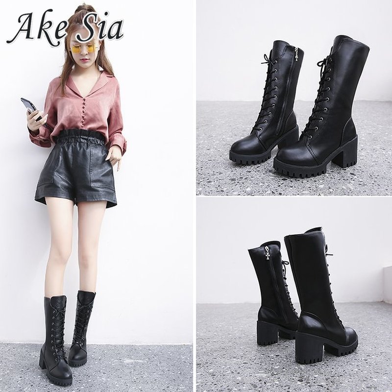 Herfst Winter Snowboots Vrouwelijke Retro Britse Wind Dark Black Fan Auto Rider Laarzen Dik Met Dikke Bodem buis Mujer