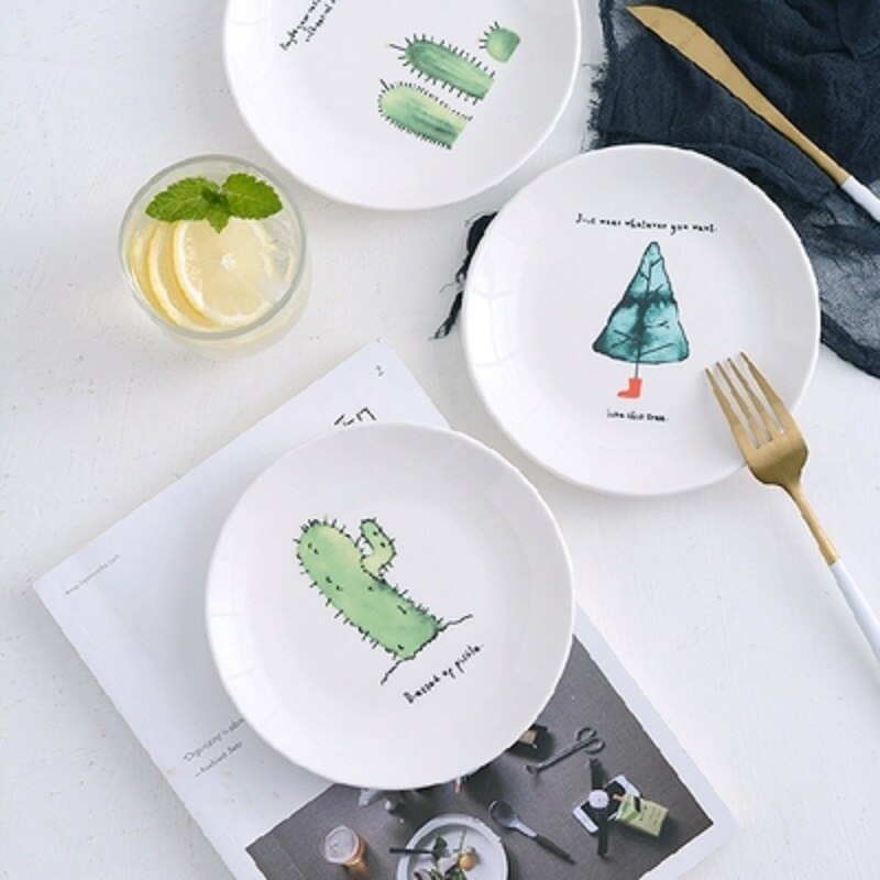 Ceramic Cactus Bread Plates Round Flamingo Western Steak Dish Heat-resistant Salad Dessert Tray Kitchen Serving Platter Dinner