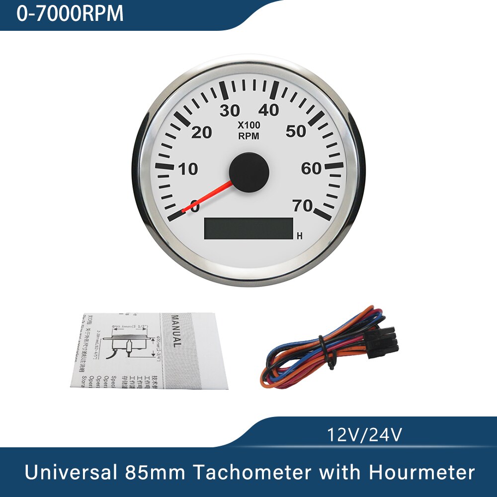 Waterproof 85mm Generator Tachometer RPM REV Counter 0-3000RPM with LED Hourmeter 12V/24V with Red Backlight: 7KWS