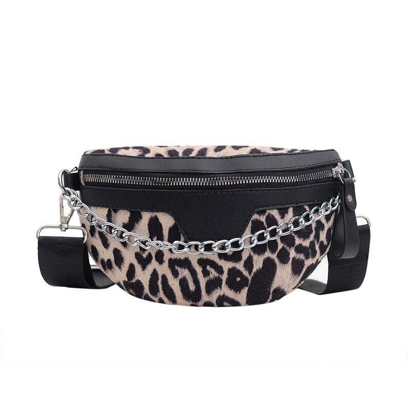 Kjede plysj #39 dame- og midjeveske tiger leopard fanny pack skulder crossbody brystvesker kvinnelig veske banan belteveske: Leopard khaki