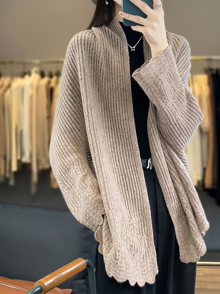 Camisola feminina cardigan xales de caxemira primavera outono 100% lã merino malhas rendas manga longa solta roupas femininas topos novo: CAMEL
