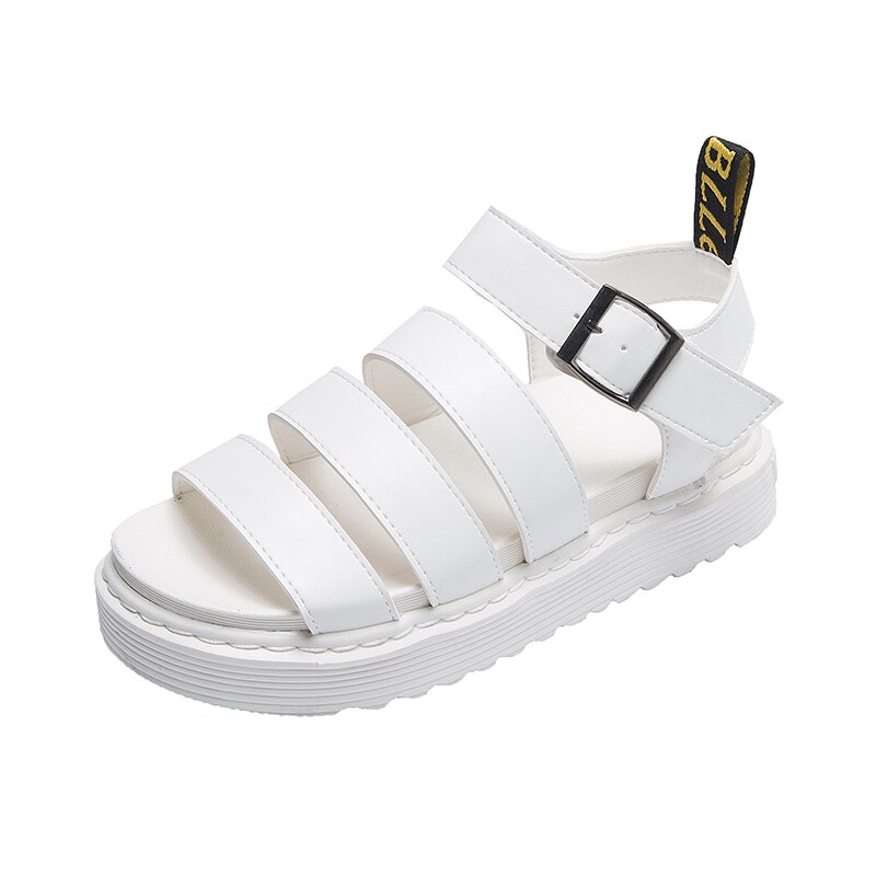 Women Platform Sandals Summer Black Flat Sandals Buckle Comfortable Round Head Gladiator Outdoor Beach Chunky Woman Shoes: White / 36