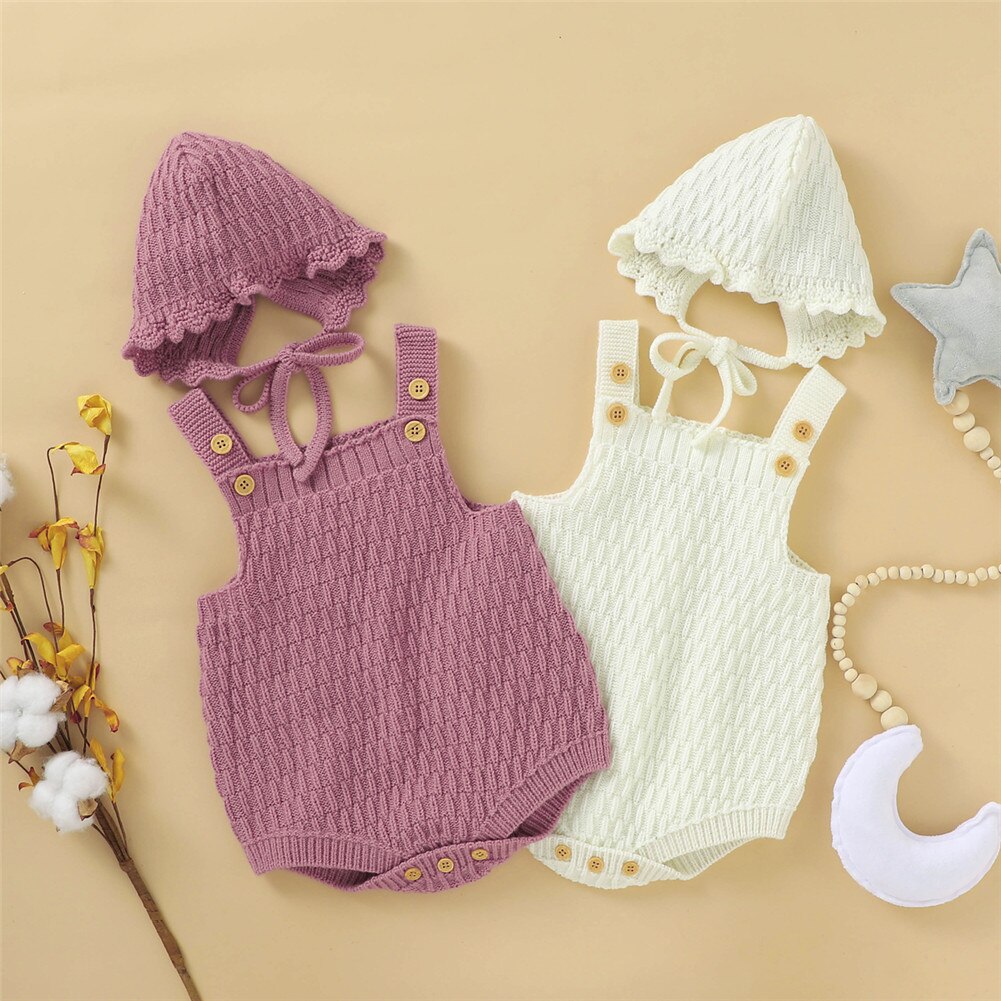 Focusnorm 4 Kleuren Baby Meisjes Jongens Gebreide Trui Rompertjes Hoeden 2 Stuks Solid Ruches Mouwloze Warm Jumpsuits