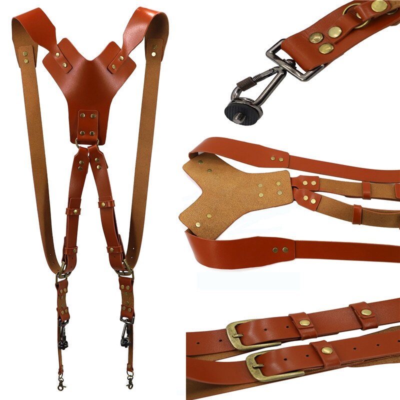 Schultergurt für 2 kameras, verstellbarer, handgefertigter retro-ledergurt für zwei kameras, geeignet für dslr-/slr-kameras, damen/herren