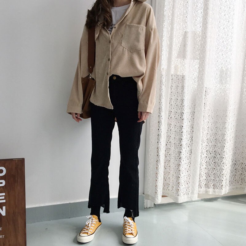 Camisa de mujer de trabajo de talla grande boyfriend button blusa Mujer Camisas casual de manga larga ropa de coreana camisas de pana