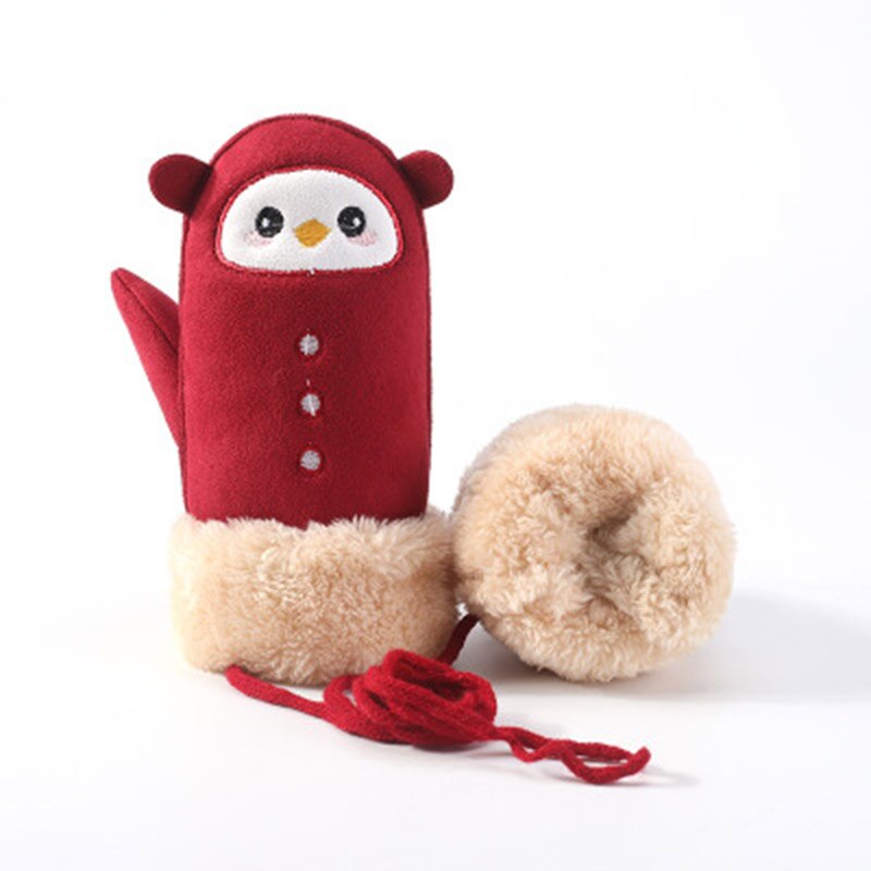 Gants pour enfants hiver épais cachemire dessin animé pingouin requin daim cuir gants garçon/fille suspendus cou mitaines de Ski H29: A Red