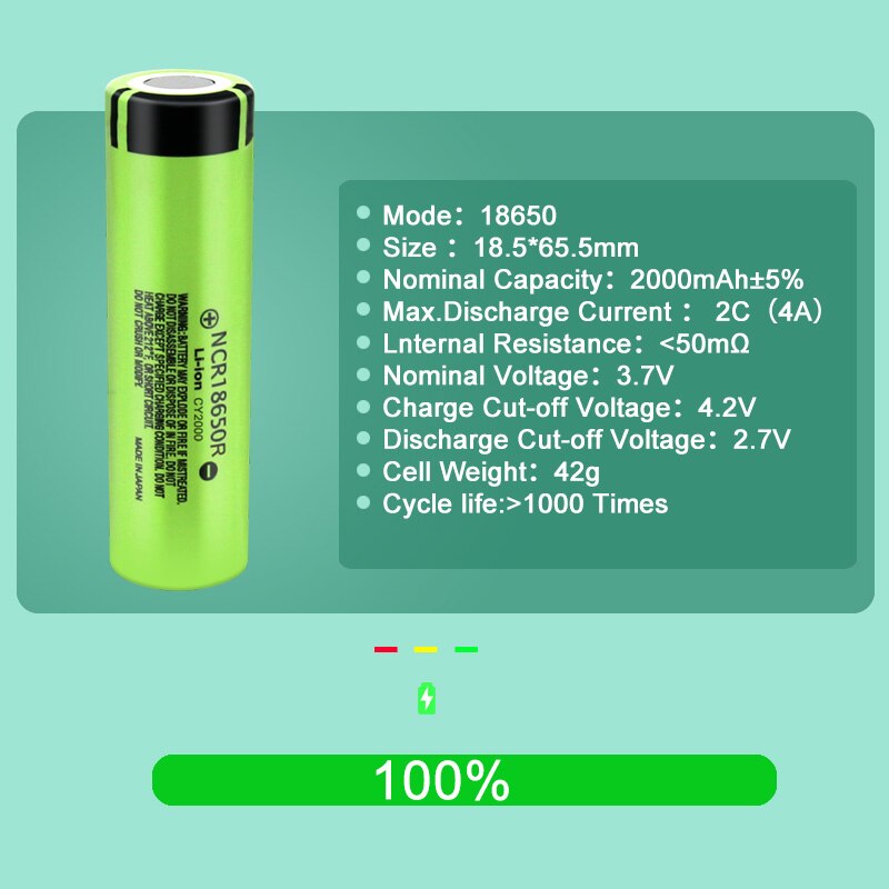 JOUYM 18650 Battery 100% Original NCR18650R 3.7v 2000mAh Lithium Rechargeable batteries For Flashlight