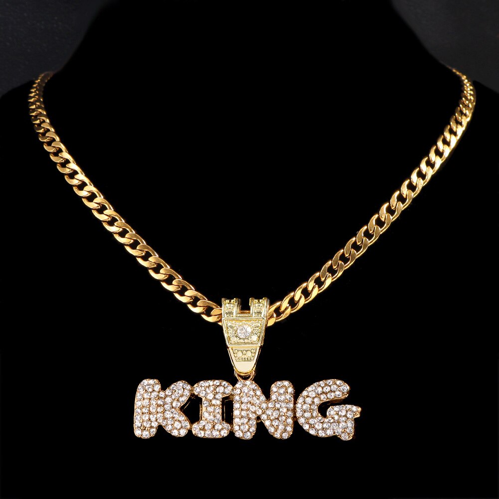 Stainless steel/Zircon Chain Necklace Iced Letter KING Pendant Chain Necklaces For Women Men HipHop Party Male Jewellery: metal chain GD / 24inch (62cm)