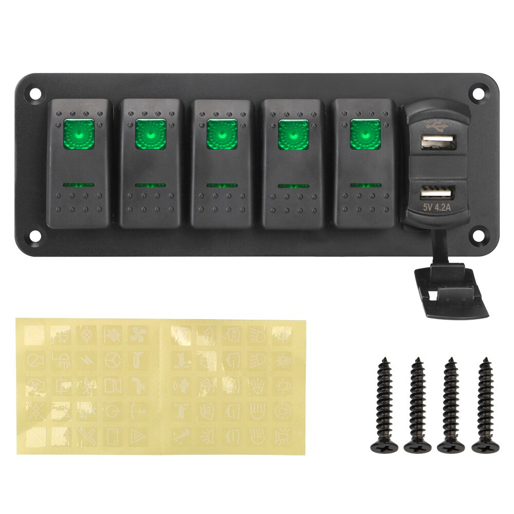 Voltímetro Digital para coche marino, impermeable, doble puerto USB, 4 bandas de palanca de interruptor basculante, 12V/24V, Panel de interruptor LED + pegatina: green 5 Gang