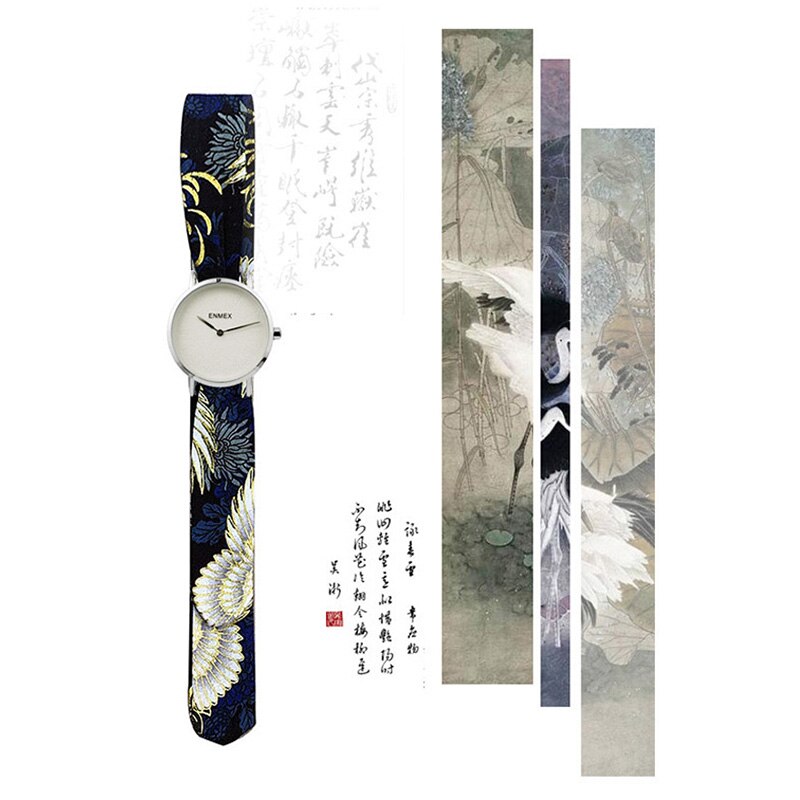 Lady simple watch Enmex strappy cotton watch MULAN style chinese Princess red-crowned crane quartz wristwatch