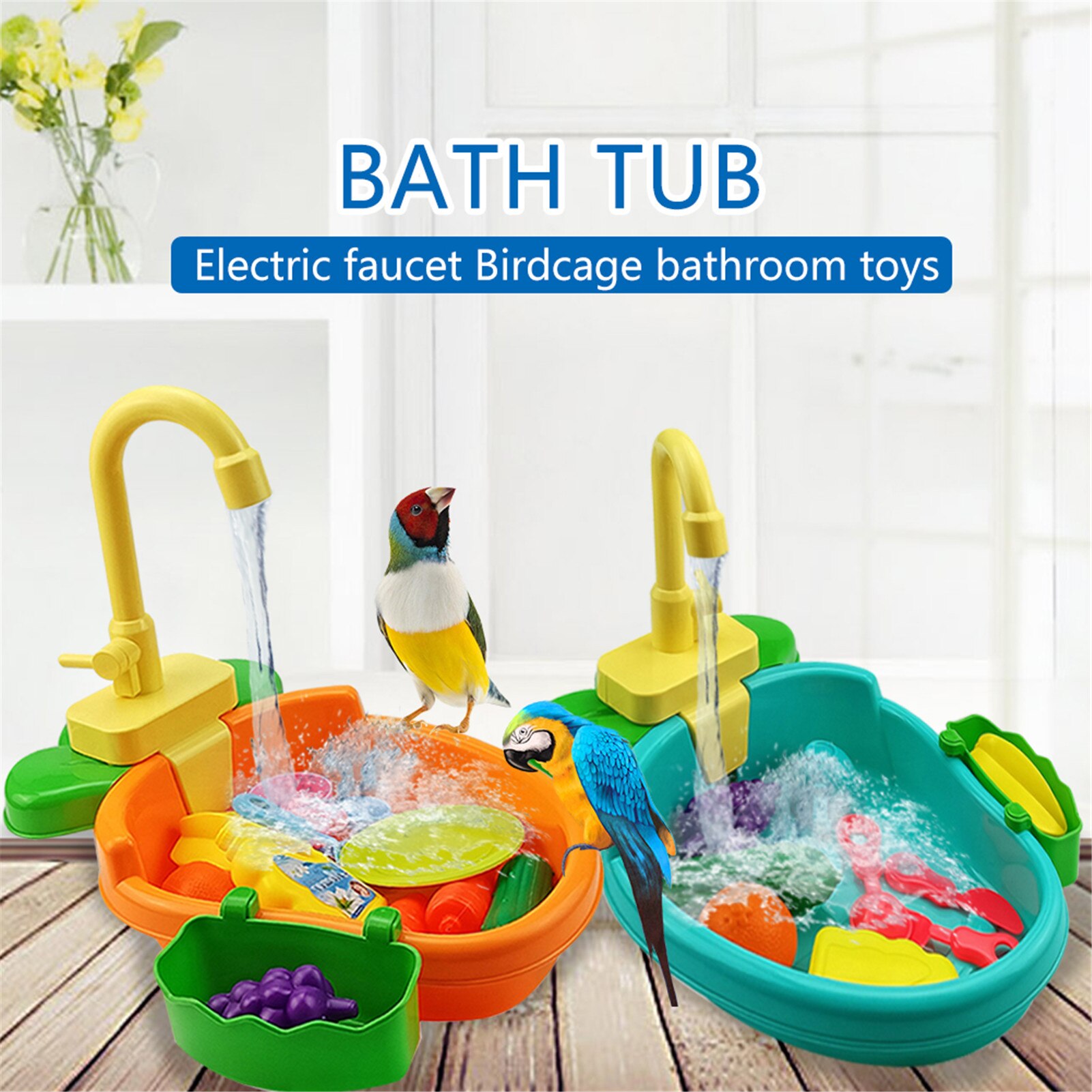 Automatic Bird Bath Tub with Faucet Pet Parrots Parakeet Cockatiel Fountains SPA Pool Shower Multifunctional Toy Cleaning Tool