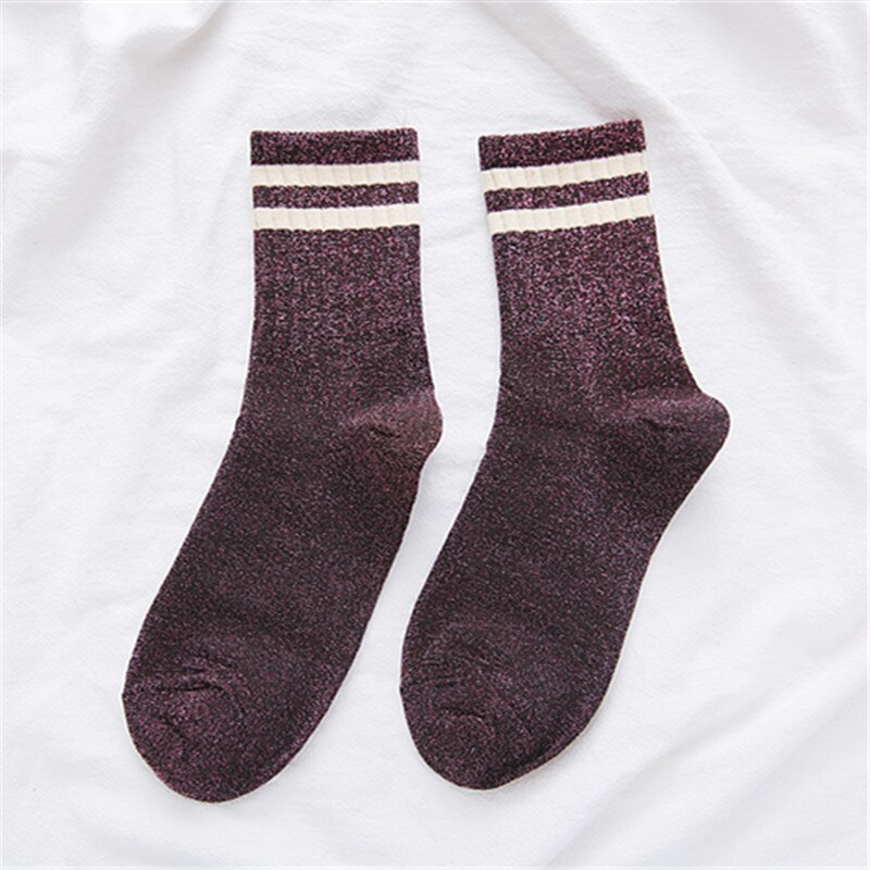 Calcetines a rayas con purpurina para mujer, para invierno, Harajuku, chicas brillantes, ropa de calle, divertidos: Wine red