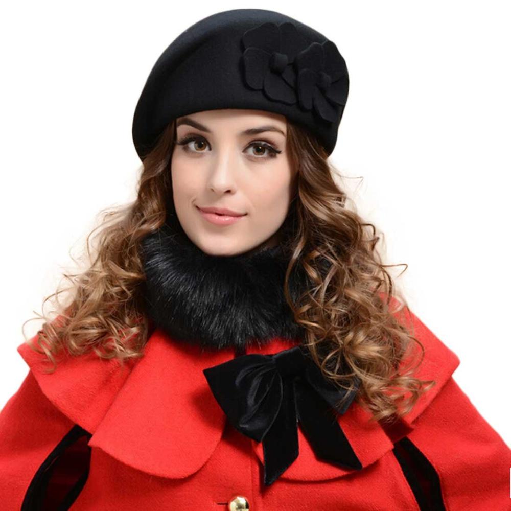 Franse Baret 100% Wol Baret Bloemen Jurk Beanie Warme Pillendoosjepet