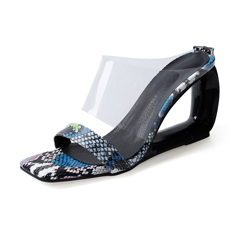 Dyreprint pvc&pu læder hjemmesko kvinder mærkelig stil sommer kvinder sko str. 42 høje hæle udenfor dame sko slides: Multi / 5