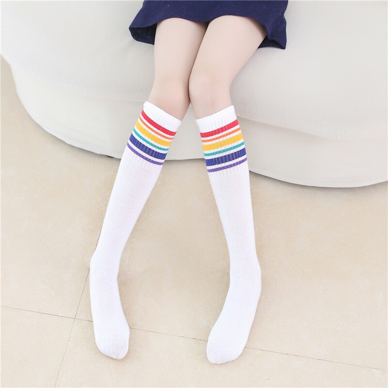 Calcetines por encima de la rodilla con de arcoíris para mujer, medias de invierno con rayas de arcoíris, urbana, para chica: White / L