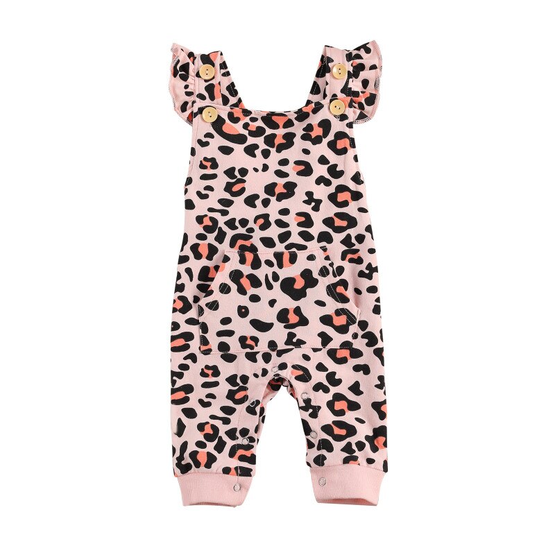 Infantile enfants bébé imprimé léopard combinaison, enfant en bas âge garçon fille sans manches col carré bouton bretelles pantalons longs barboteuse avec poche