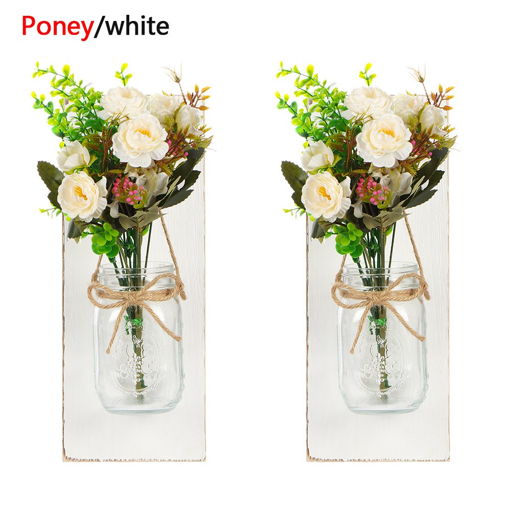 Tira de luces LED de pared con Control remoto para colgar en el hogar, apliques de luz con flores artificiales de tarro de albañil, decoración para el hogar, 2 uds.: Poney White